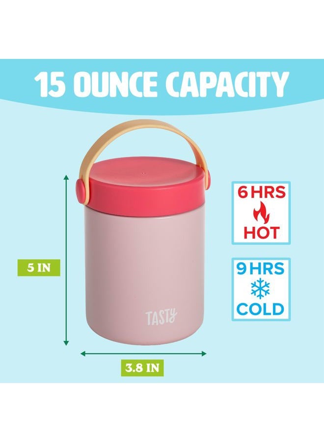 Tasty Food Jar with Folding Handle, Portable Snack Travel or Lunch Container, Stainless Steel Insulated Vacuum with Leak-Proof Lid, Keeps Food Hot or Cold for Hours, 15-Ounce, Pink - Image 3