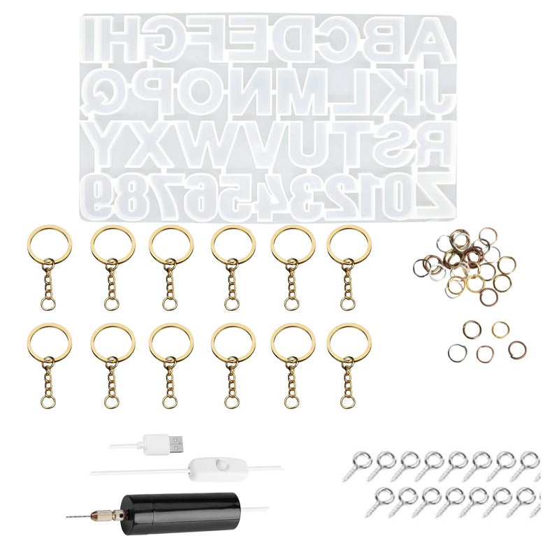 Snoogg Snoogg Silicone Alphabet Resin Molds for Resin Casting DIY Craft Letter Jewelry Making with Hand Drill Machine and 12 Pc of Gold Key Chain Ring Jumper and Hooks - Image 1