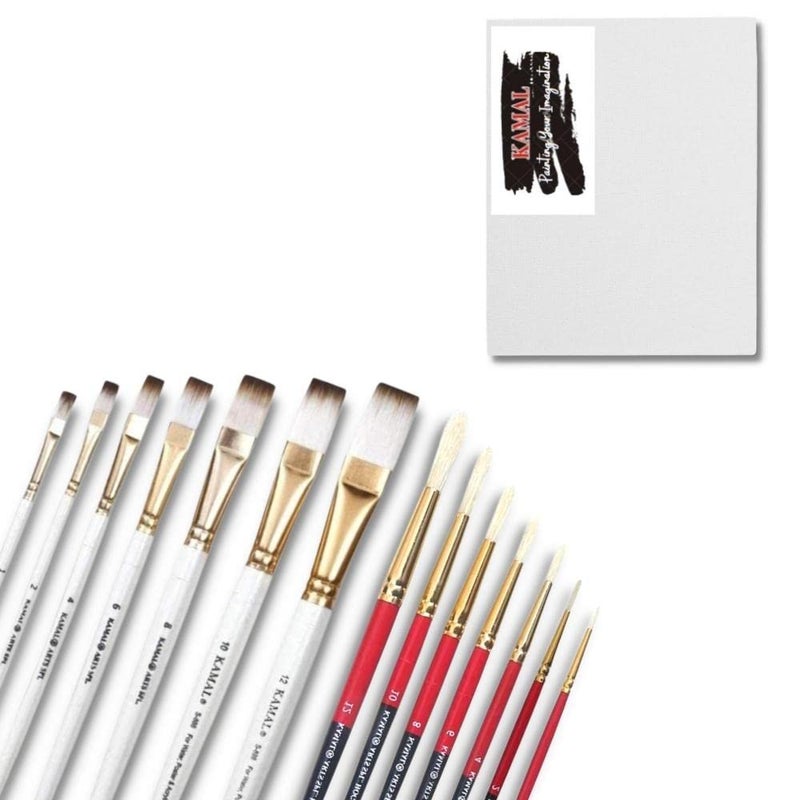 KAMAL Combo of Flat White Brown and Round HOG Hair Brush for Oil Painting, with Cotton Canvas Board Medium Grain 16 X 12 Inch - Image 1