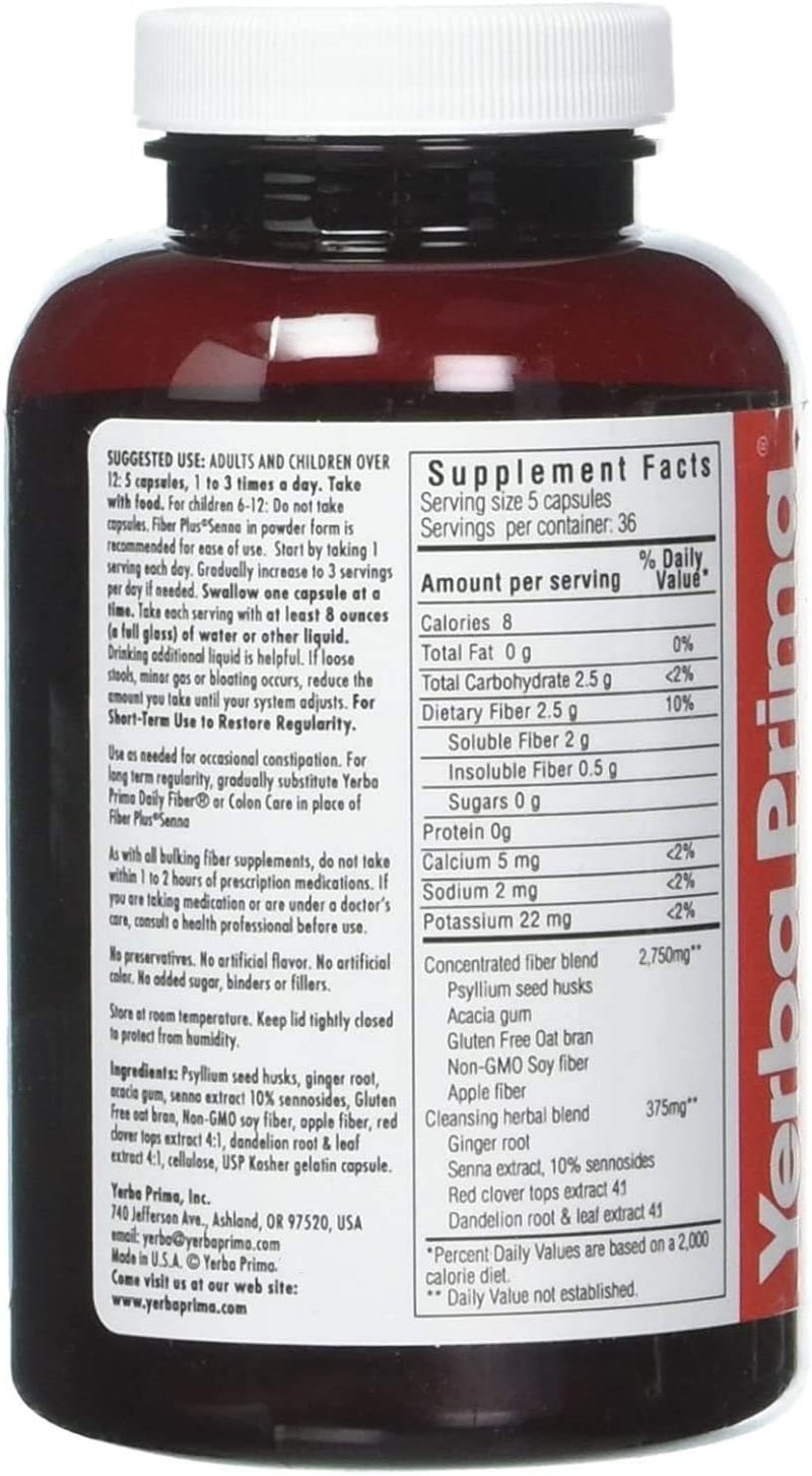 Yerba Prima Fiber Plus Senna Capsules - 180 Count Dietary Fiber Supplement - Image 3