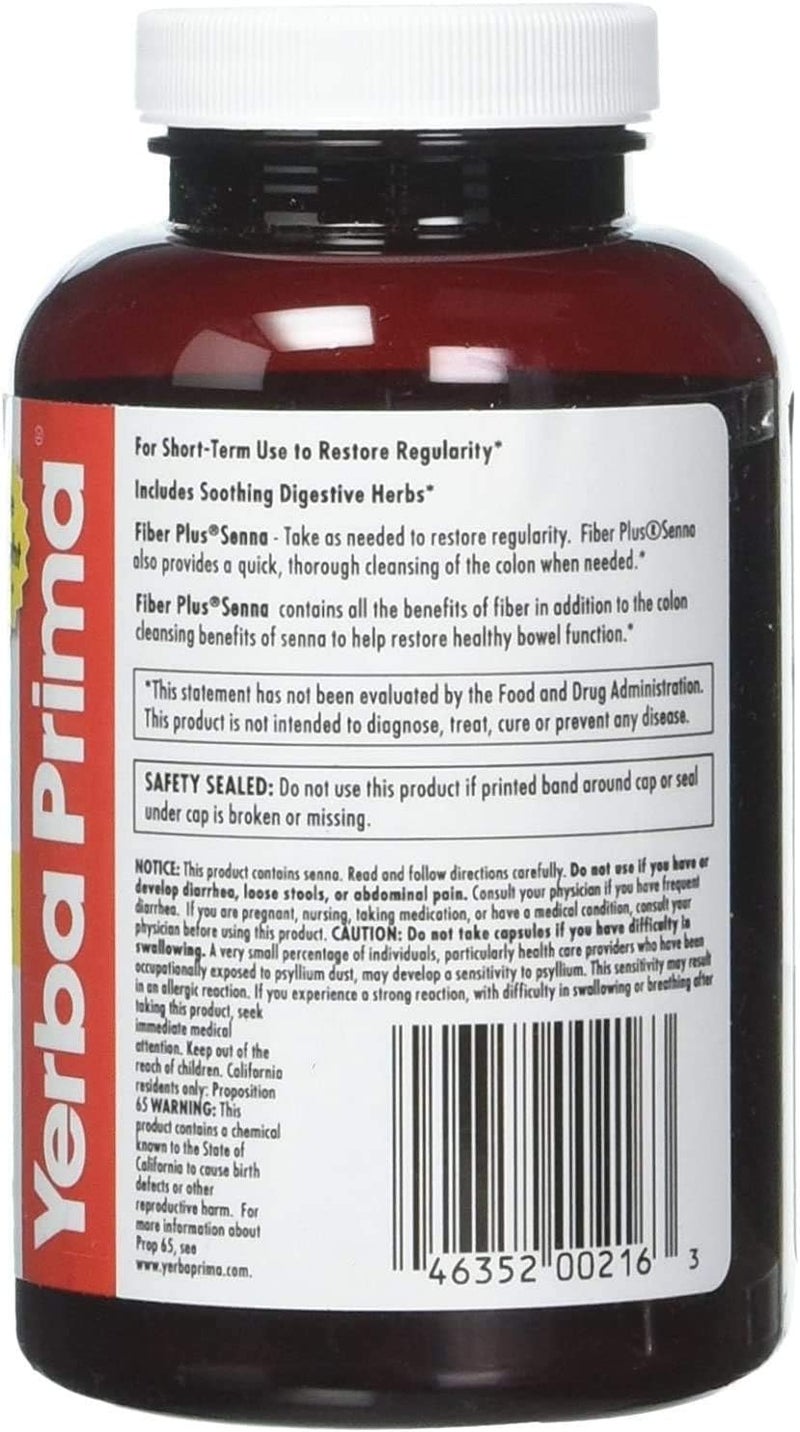 Yerba Prima Fiber Plus Senna Capsules - 180 Count Dietary Fiber Supplement - Image 2