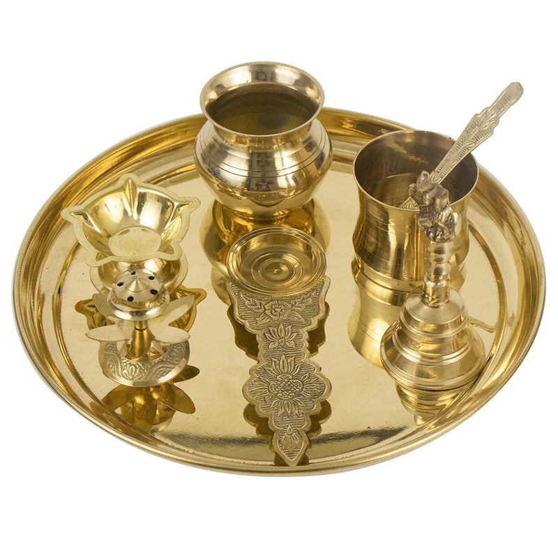 Putrika Traditional Handcrafted Brass Pooja Thali Set with 10 inch PlateDiya Agarbathi Insense Holder Nandhi Bell Lota Karpoor Arathi Panchamurt Spoon Diwali GiftPlain Ppset