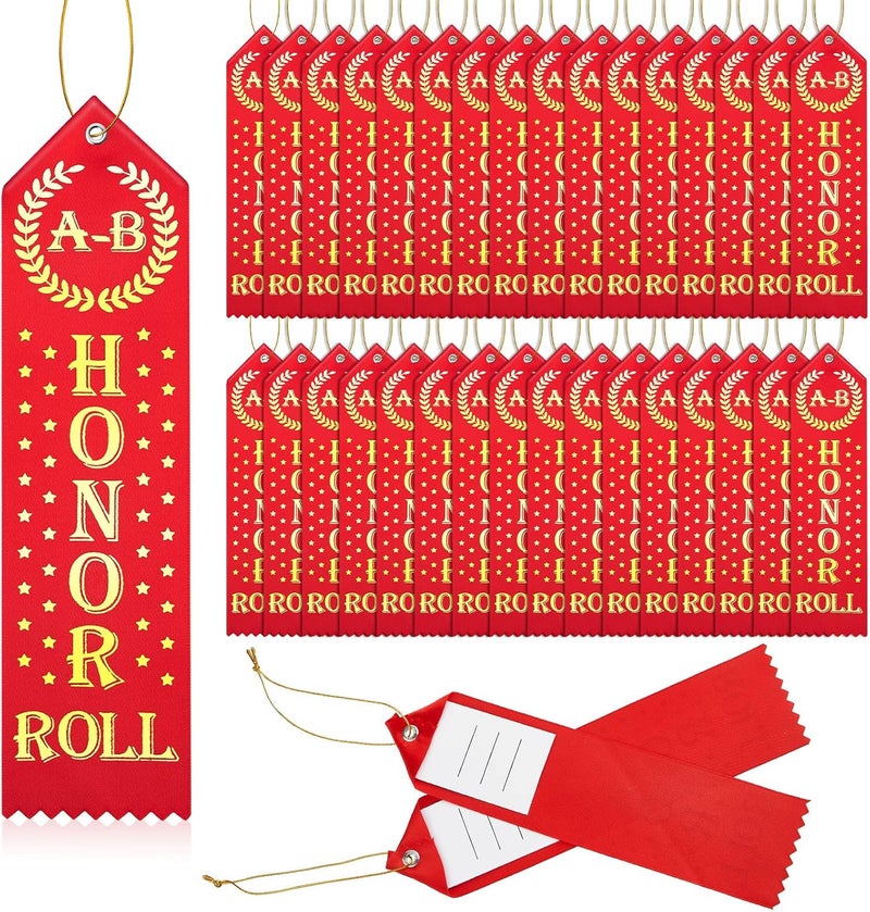 Jexine 50 Pcs Honor Roll Award Ribbons Honorable Mention Ribbon with Card String Medal Ribbons Prize Ribbon Bulk Student Awards and Incentives for Kids School Office Competition Sports Event Red Vintage - Image 1