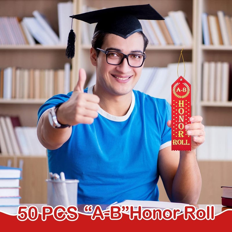 Jexine 50 Pcs Honor Roll Award Ribbons Honorable Mention Ribbon with Card String Medal Ribbons Prize Ribbon Bulk Student Awards and Incentives for Kids School Office Competition Sports Event Red Vintage - Image 2