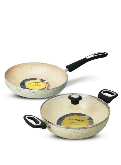 3-Piece Non-Stick Granite Coated Cookware Set | Kadai Pan, Fry Pan & Glass Lid | Premium Aluminum Construction |  Quick Heating Induction Base | Anti-Skid Lid | Heat-Proof Bakelite Handle | PFOA-Free | Eco-Friendly | FKB