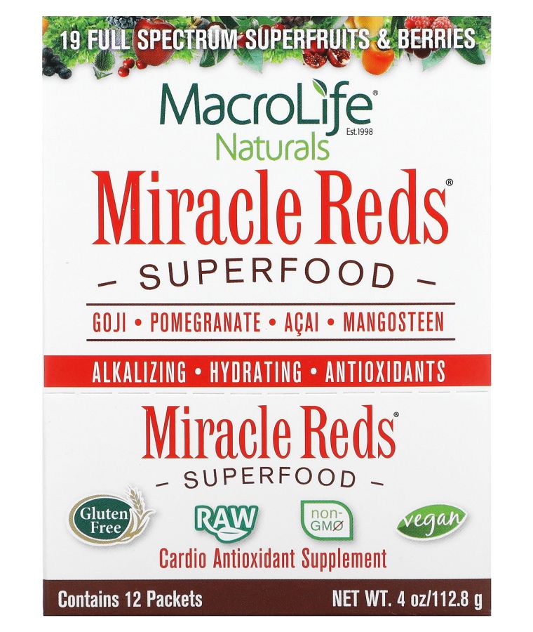 MacroLife Naturals Miracle Reds Superfood Goji Pomegranate Acai Mangosteen 12 Packets 0.3 oz (9.5 g) Each