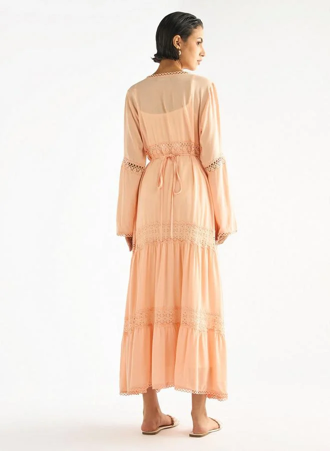 Splash FAV Lace Detail Longline Tiered Shrug with Tie-Ups and Long Sleeves