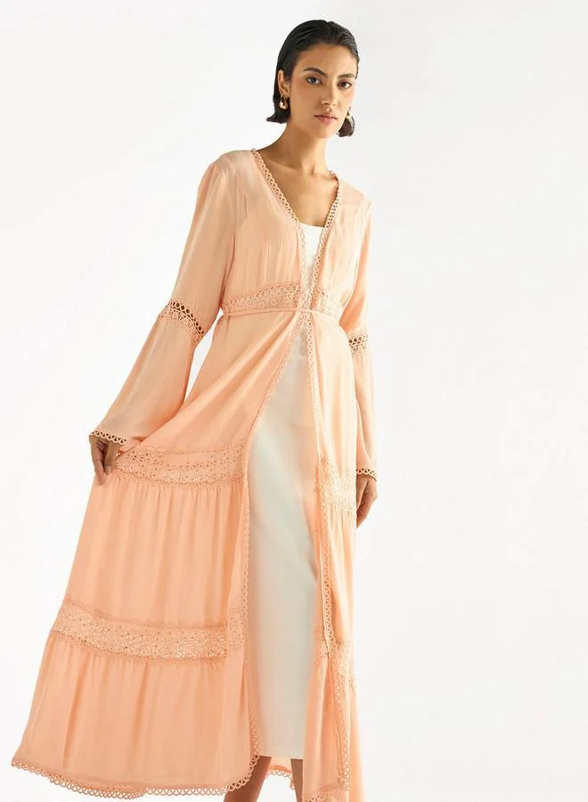 سبلاش فيڤ سترة طويلة متعددة الطبقات بتفاصيل دانتيل وأكمام طويلة وأربطة