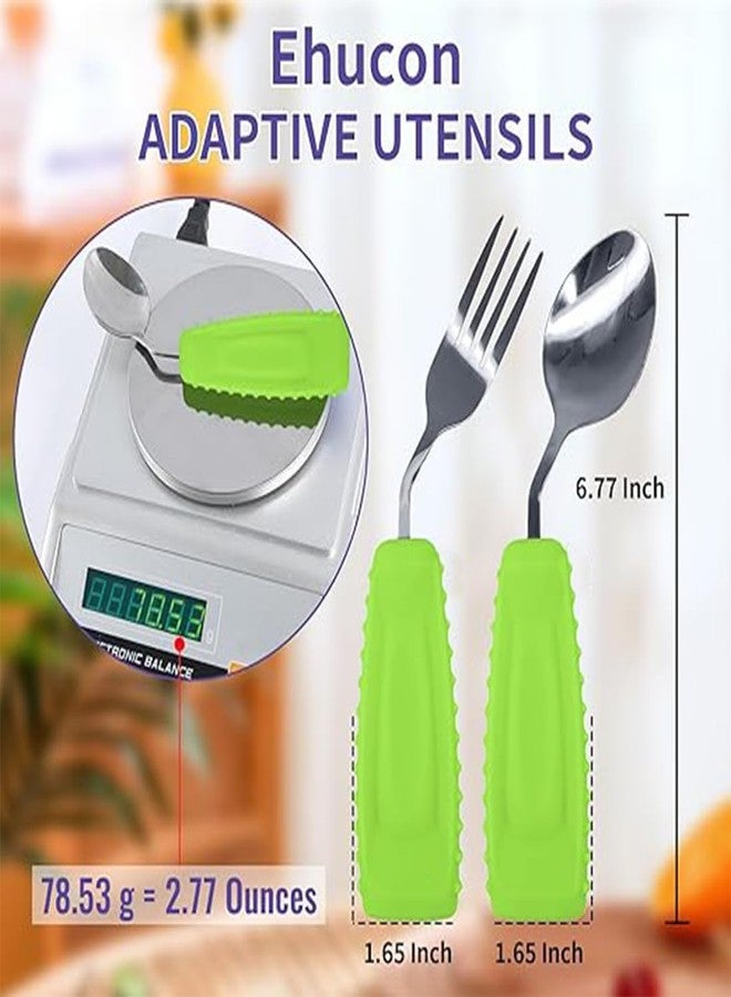 Ehucon Adaptive Utensils,Weighted Angled Silverware,Parkinsons Aids,Curved Non-Slip Easy Grip Spoon and Fork Set for Tremors,Disabled,Handicap,Elderly,Arthritis (Left Hand,Pack of 2,Green) - Image 4