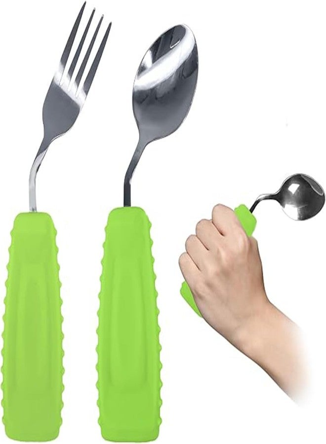 Ehucon Adaptive Utensils,Weighted Angled Silverware,Parkinsons Aids,Curved Non-Slip Easy Grip Spoon and Fork Set for Tremors,Disabled,Handicap,Elderly,Arthritis (Left Hand,Pack of 2,Green) - Image 1