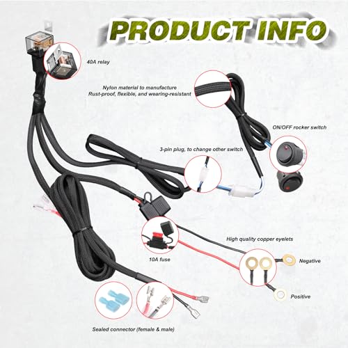 LTEODCHEW 14.7ft Nylon Wiring Harness 2 Leads with Rock Switch 40A Relay 30A Fuse in-Line for LED Pods Fog Lights Off Road Work Light Bar Wiring Harness Single Lead for ATV UTV Truck Wrangler F150 - Image 2