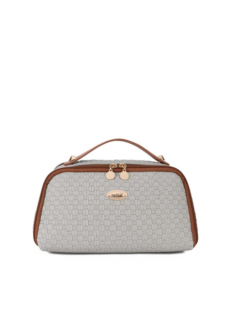 Makeup Bag Organizer, PU Leather Toiletry Bag for Women, Cosmetic Bags for Women with Portable Handle Open Flat Toiletry Bag Grass Weaving Pattern PU Leather Grey, Travel Cosmetic Organizer Bag