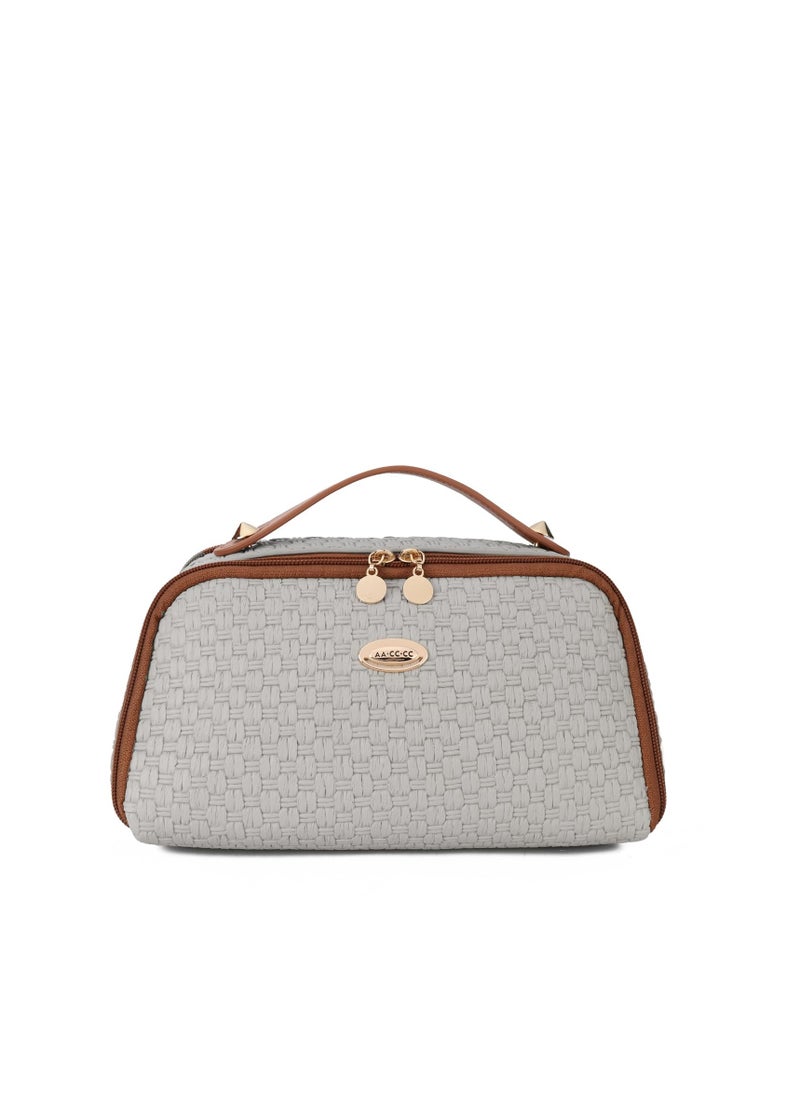 Makeup Bag Organizer, PU Leather Toiletry Bag for Women, Cosmetic Bags for Women with Portable Handle Open Flat Toiletry Bag Grass Weaving Pattern PU Leather Grey, Travel Cosmetic Organizer Bag