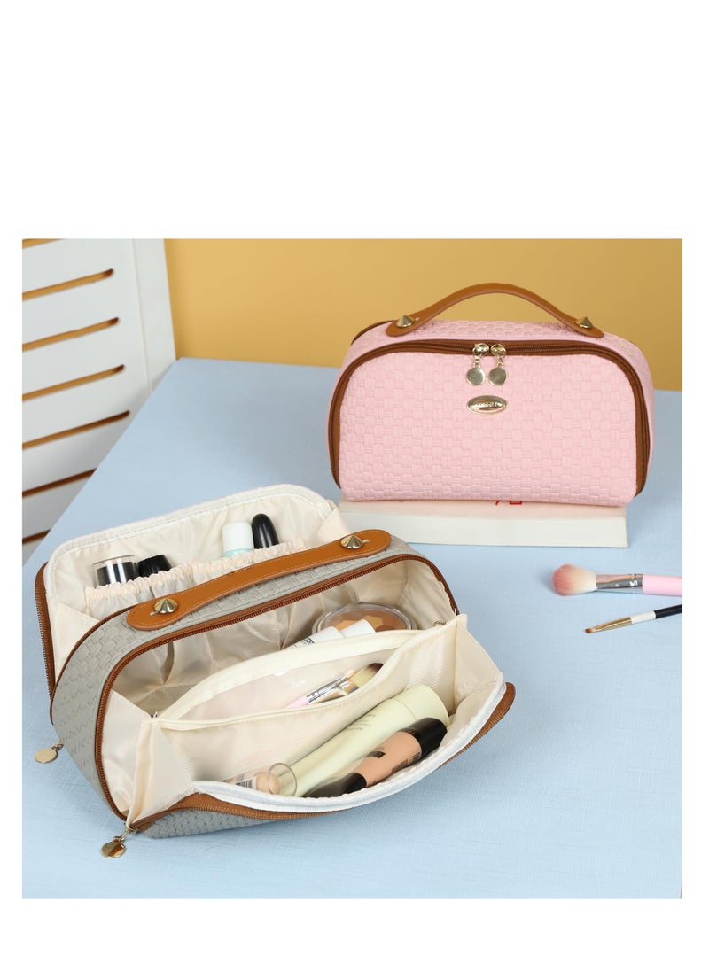 Makeup Bag Organizer, PU Leather Toiletry Bag for Women, Cosmetic Bags for Women with Portable Handle Open Flat Toiletry Bag Grass Weaving Pattern PU Leather Grey, Travel Cosmetic Organizer Bag