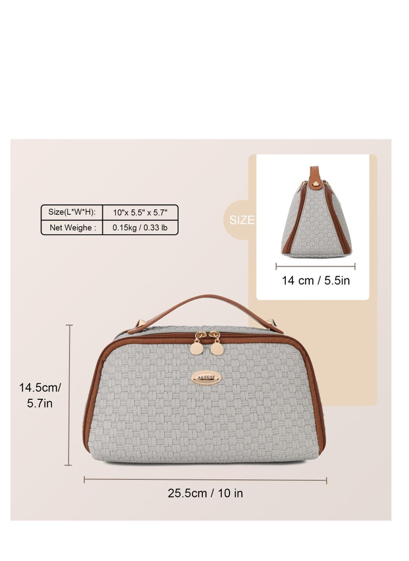 Makeup Bag Organizer, PU Leather Toiletry Bag for Women, Cosmetic Bags for Women with Portable Handle Open Flat Toiletry Bag Grass Weaving Pattern PU Leather Grey, Travel Cosmetic Organizer Bag