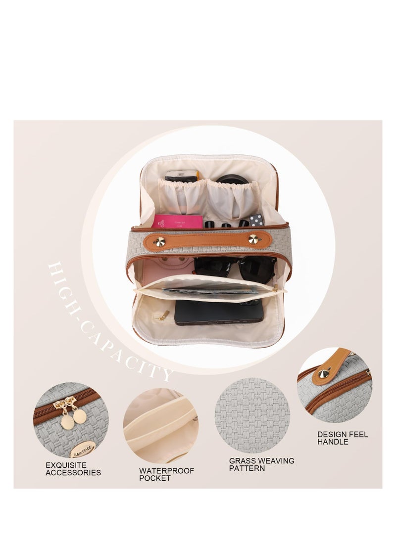 Makeup Bag Organizer, PU Leather Toiletry Bag for Women, Cosmetic Bags for Women with Portable Handle Open Flat Toiletry Bag Grass Weaving Pattern PU Leather Grey, Travel Cosmetic Organizer Bag