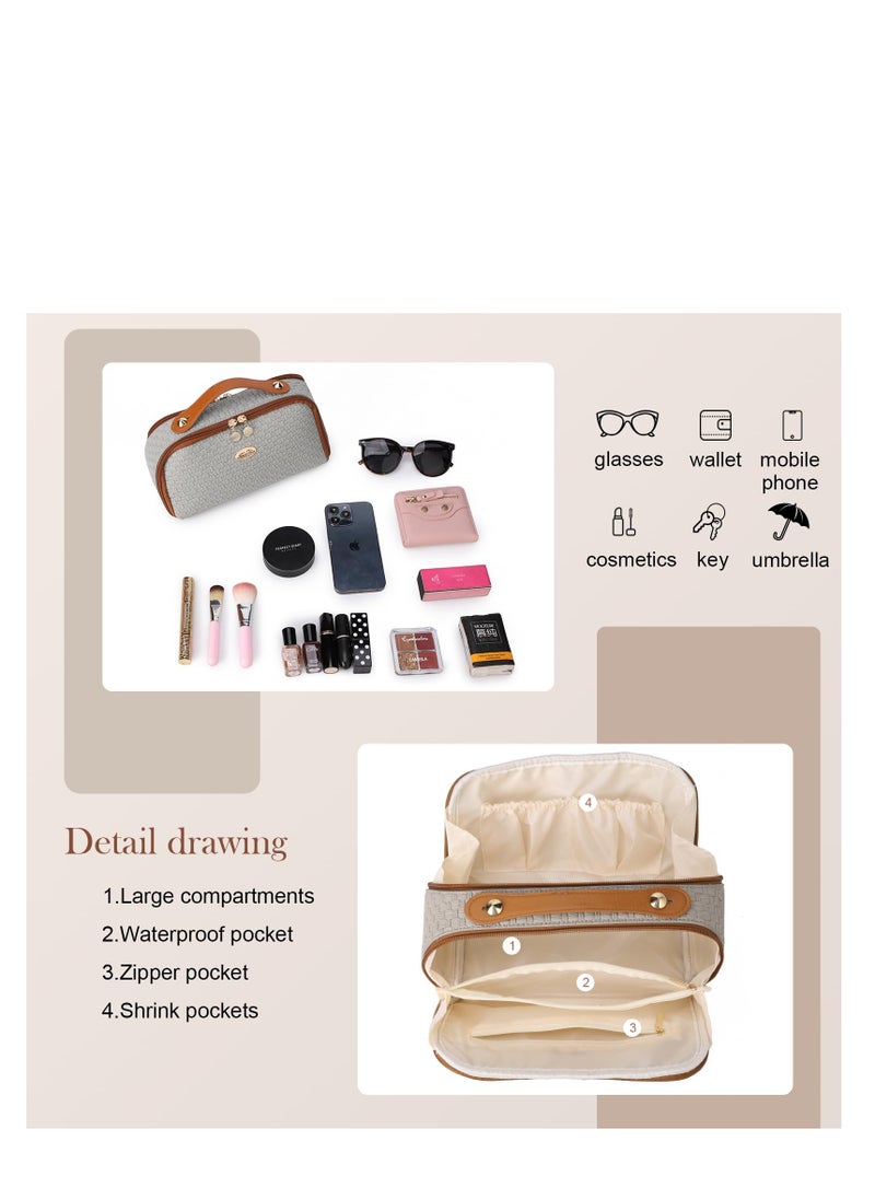 Makeup Bag Organizer, PU Leather Toiletry Bag for Women, Cosmetic Bags for Women with Portable Handle Open Flat Toiletry Bag Grass Weaving Pattern PU Leather Grey, Travel Cosmetic Organizer Bag