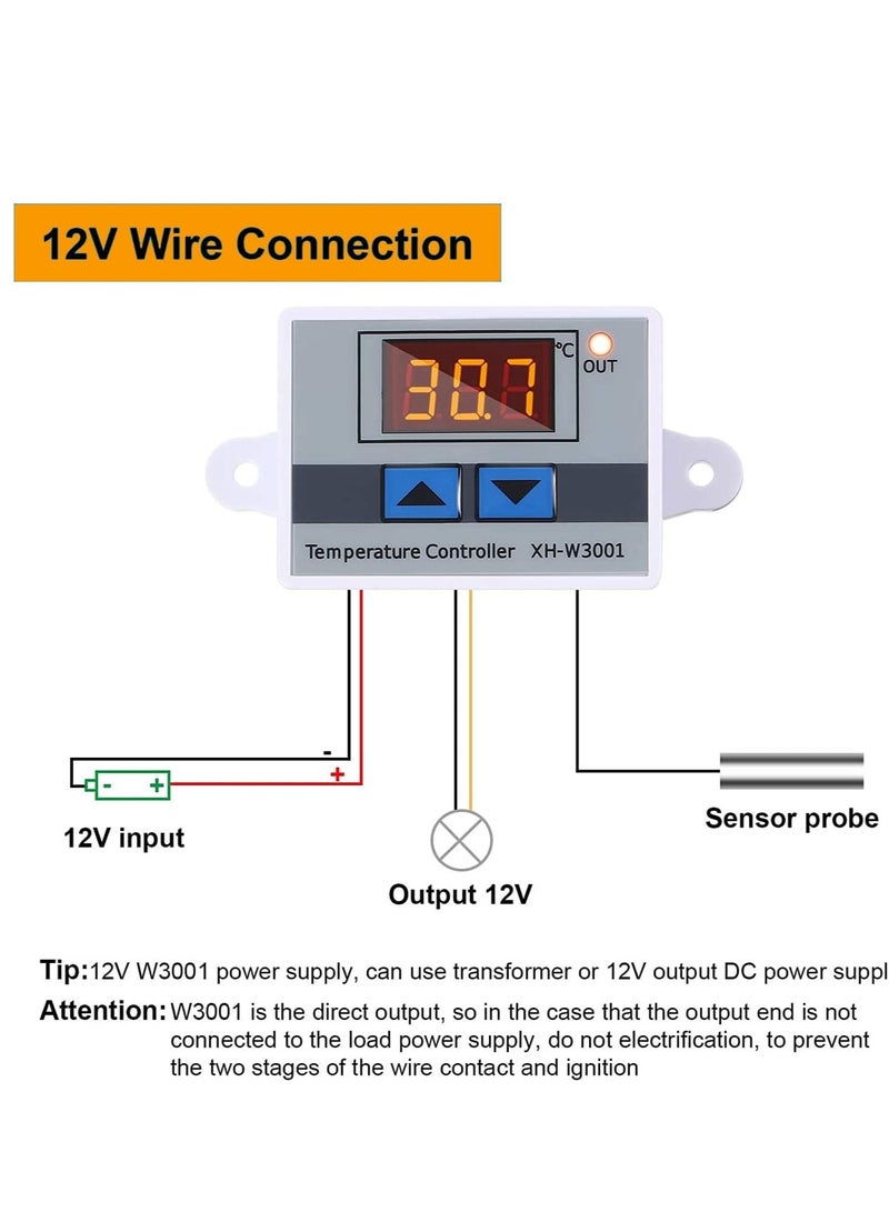 XH-W3001 Digital LED Temperature Controller Module Digital Thermostat Switch with Waterproof Probe Programmable Heating Cooling Electronic Thermostat Range from -50℃ to 110℃ (12V 10A 120W), 2 Pack - Image 5
