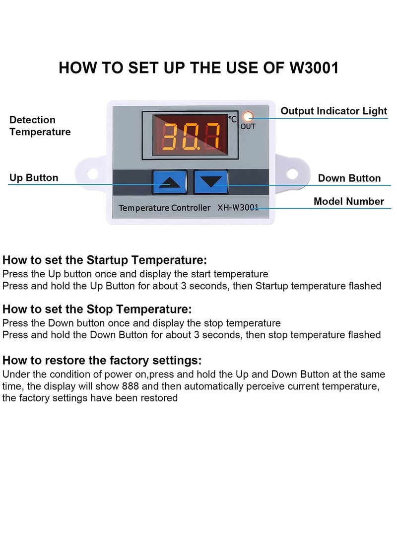 XH-W3001 Digital LED Temperature Controller Module Digital Thermostat Switch with Waterproof Probe Programmable Heating Cooling Electronic Thermostat Range from -50℃ to 110℃ (12V 10A 120W), 2 Pack - Image 4