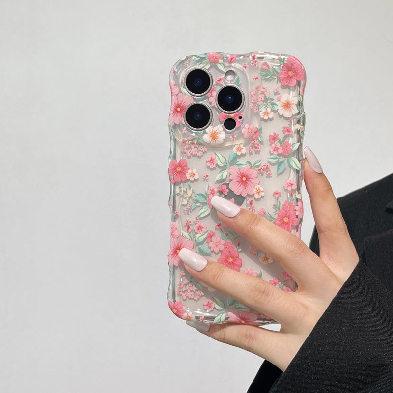 RALEAVO for iPhone 16 Pro Max Case Cute Floral Pattern Design,Clear Curly Wave Frame Cover for Women,Soft Shockproof Anti-Slip Protective Case for iPhone 16 Pro Max,Pink Flowers - Image 1