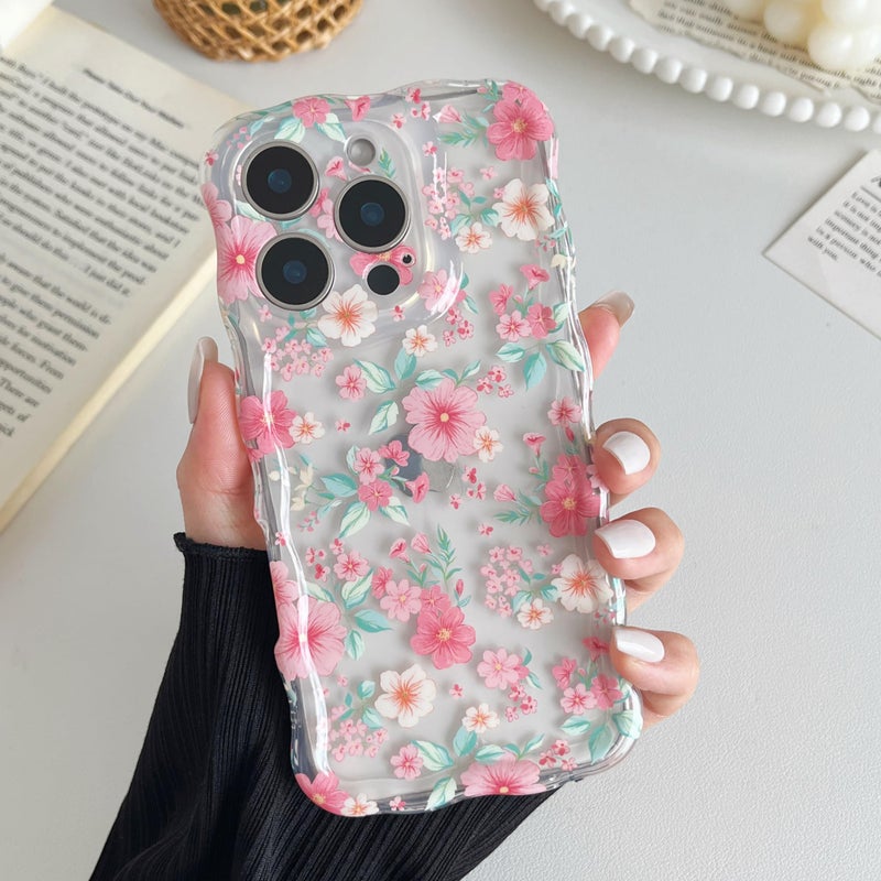 RALEAVO for iPhone 16 Pro Max Case Cute Floral Pattern Design,Clear Curly Wave Frame Cover for Women,Soft Shockproof Anti-Slip Protective Case for iPhone 16 Pro Max,Pink Flowers - Image 2