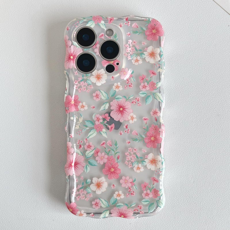 RALEAVO for iPhone 16 Pro Max Case Cute Floral Pattern Design,Clear Curly Wave Frame Cover for Women,Soft Shockproof Anti-Slip Protective Case for iPhone 16 Pro Max,Pink Flowers - Image 3