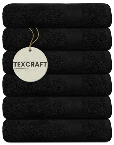 TEXCRAFT Medium Size Bath Towels Set of 6 – 100% Cotton Terry – 24" x 48" – Quick Dry, Soft & Highly Absorbent – Black Towels for Bathroom, Gym, Spa, Pool & Daily Use - Image 1