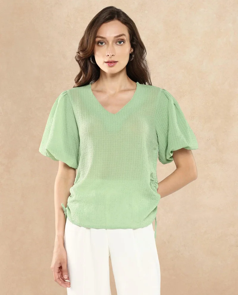 Rareism Women's Balloon Sleeve V-Neck Plain Top