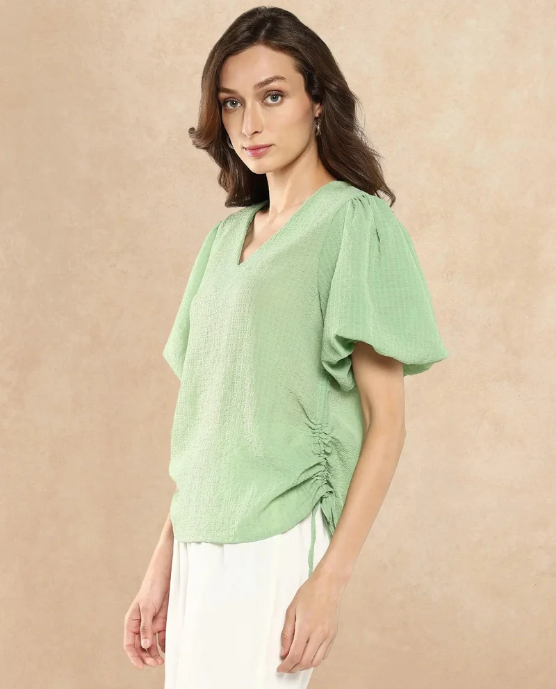 Rareism Women's Balloon Sleeve V-Neck Plain Top
