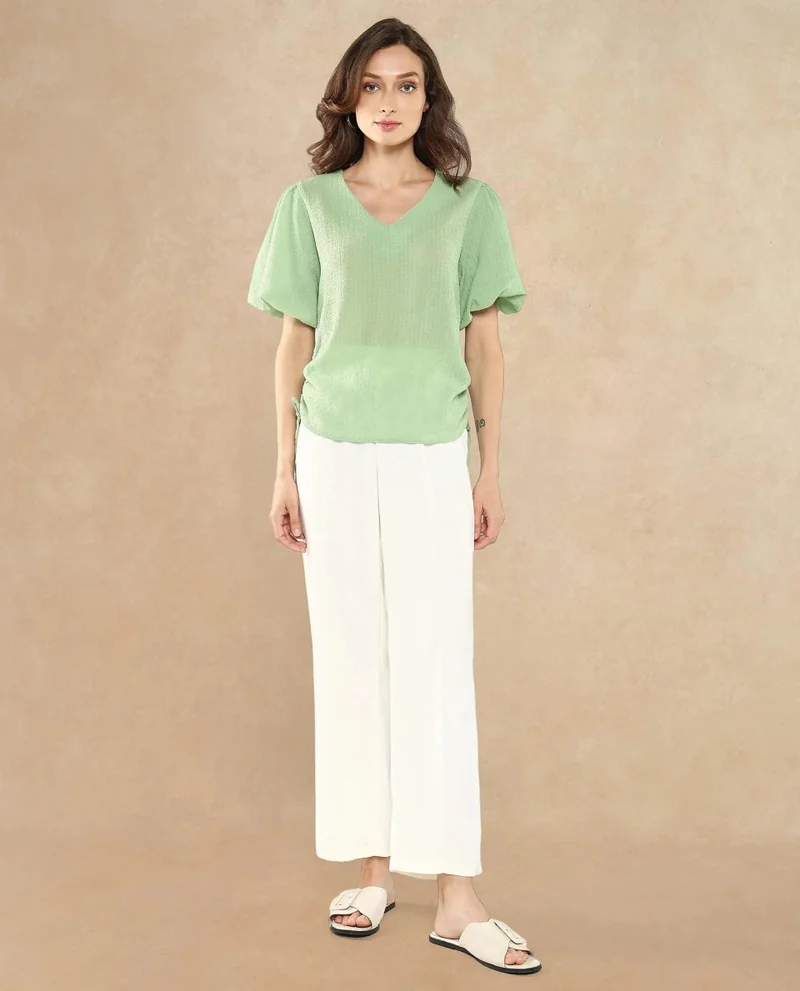 Rareism Women's Balloon Sleeve V-Neck Plain Top
