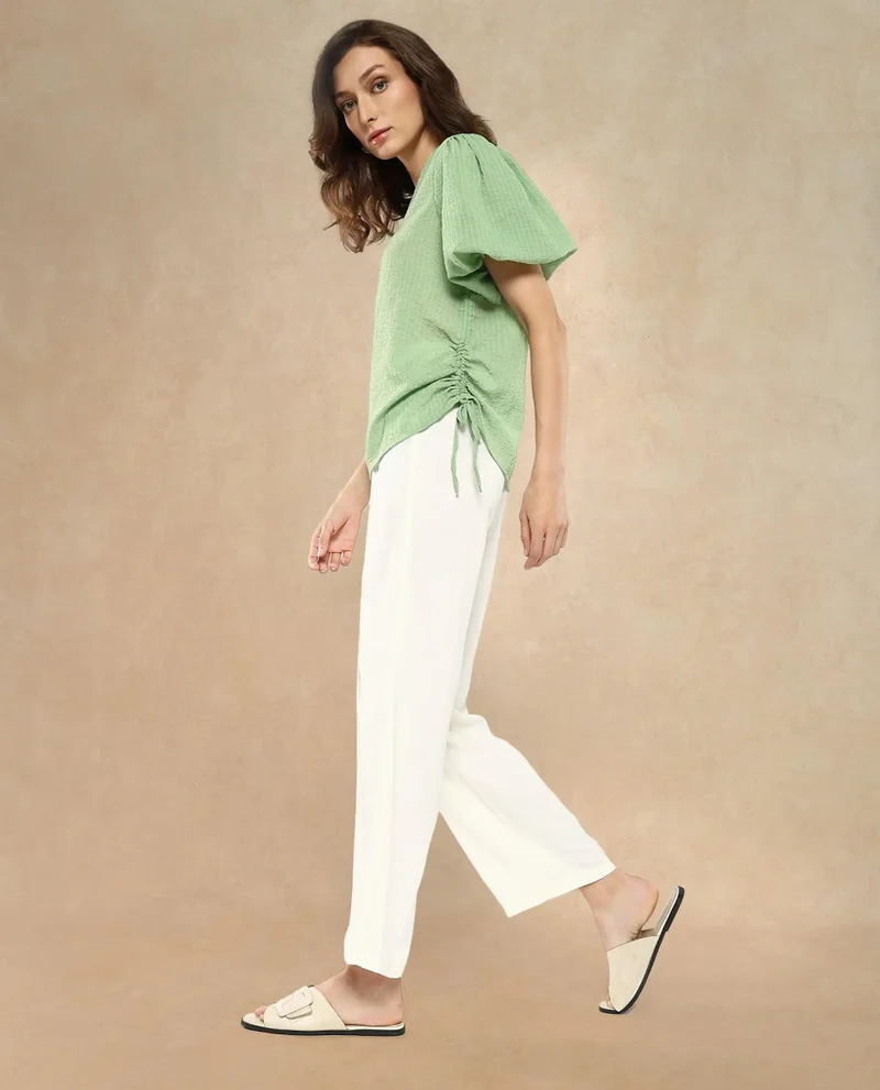 Rareism Women's Balloon Sleeve V-Neck Plain Top
