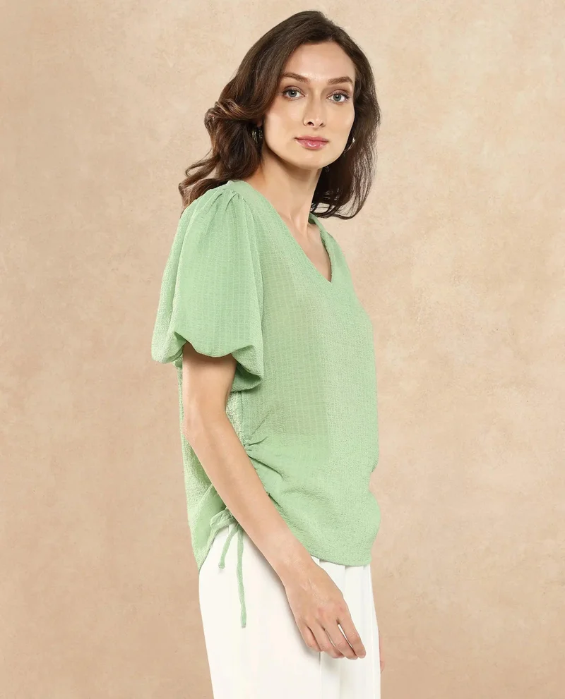 Rareism Women's Balloon Sleeve V-Neck Plain Top