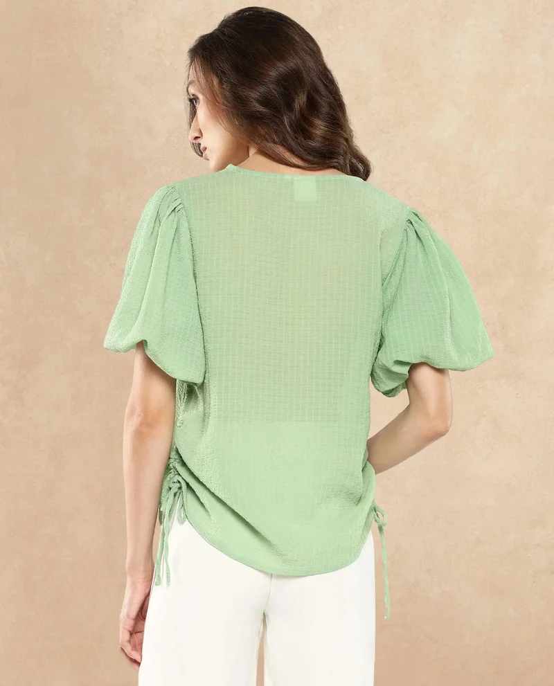 Rareism Women's Balloon Sleeve V-Neck Plain Top
