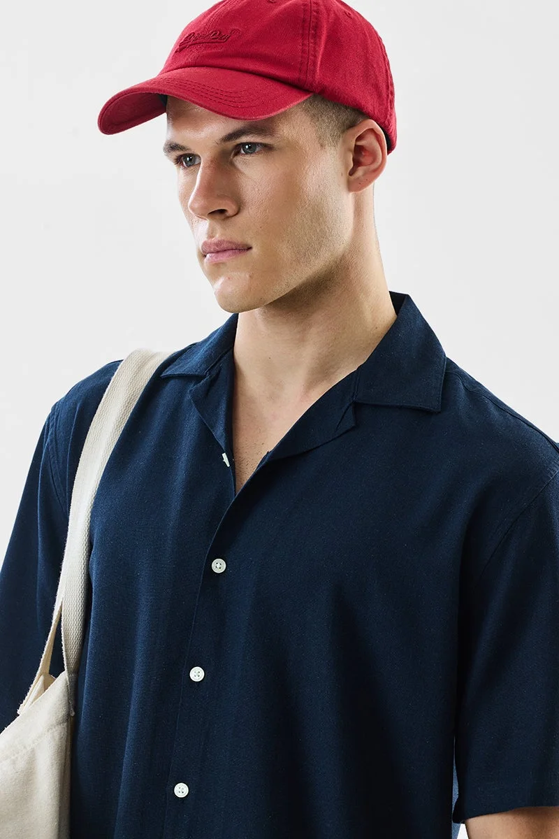 SNITCH Navy Blue Textured Half Sleeve Boxy Shirt