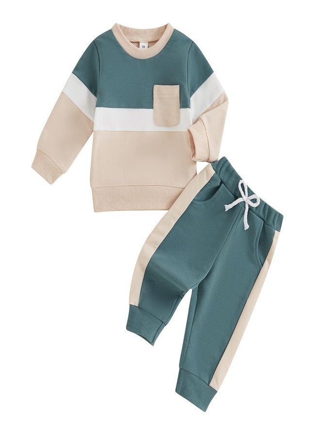 MoZiKQin Toddler Baby Boy Girl Fall Clothes Contrast Color Long Sleeve Sweatshirt Tops and Pants Set 2Pcs Winter Outfits (Blue, 6-12 Months) - Image 1