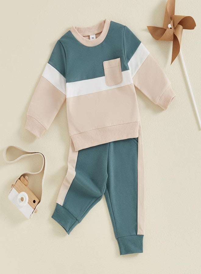 MoZiKQin Toddler Baby Boy Girl Fall Clothes Contrast Color Long Sleeve Sweatshirt Tops and Pants Set 2Pcs Winter Outfits (Blue, 6-12 Months) - Image 3