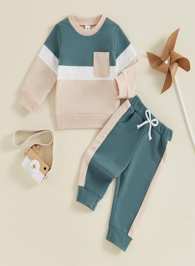 MoZiKQin Toddler Baby Boy Girl Fall Clothes Contrast Color Long Sleeve Sweatshirt Tops and Pants Set 2Pcs Winter Outfits (Blue, 6-12 Months) - Image 2