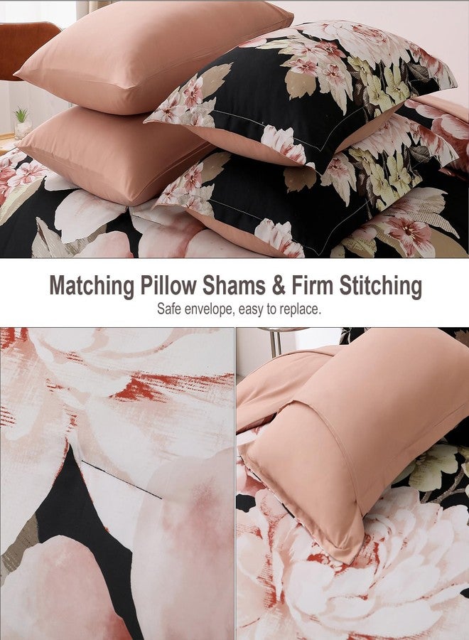 Dintszyayue Queen Comforter Set Black 7 Pieces Bed in a Bag, Pink Floral Bedding Sets Elegant Flower Bed Set Lightweight Comforter for All Season with Flat Sheet, Fitted Sheets, Pillowcases & Shams - Image 5
