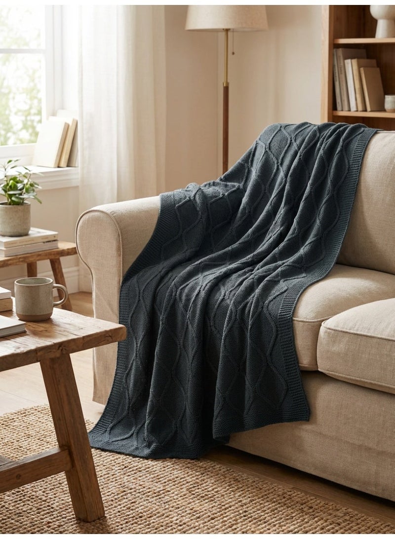 Ambrosia 130 x 160 cm Premium Cotton Diamond Knitted Throw Blanket Charcoal Grey, 400GSM Soft Breathable Decorative Bed Runner For Sofa Couch And Travel - Image 4
