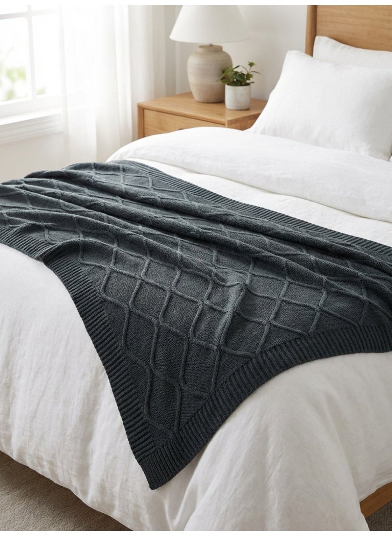 Ambrosia 130 x 160 cm Premium Cotton Diamond Knitted Throw Blanket Charcoal Grey, 400GSM Soft Breathable Decorative Bed Runner For Sofa Couch And Travel - Image 3
