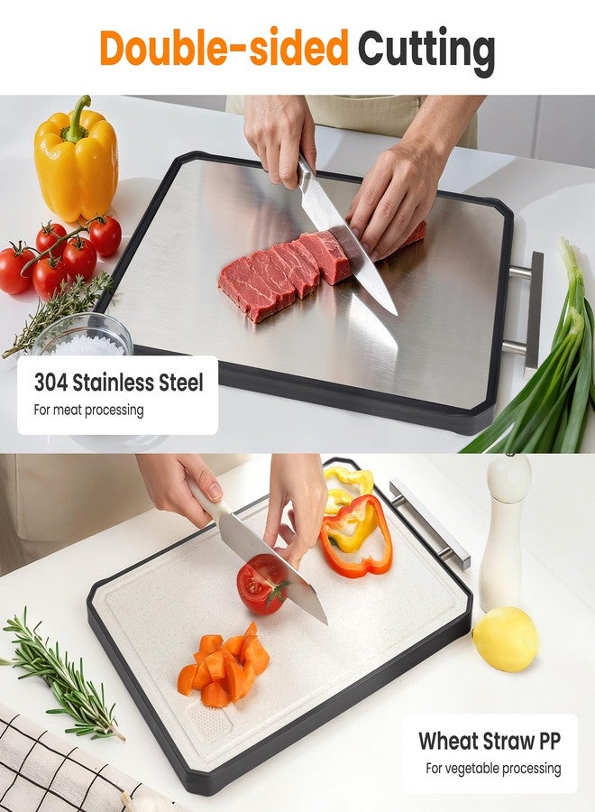 NCUE Cutting Boards for Kitchen, Double-Sided 304 Stainless Steel Cutting Board and Wheat Straw PP, for Meat and Vegetables, Thickened Non-Slip Non Toxic Chopping Board, Dishwasher Safe, 16.5"×11" - Image 3
