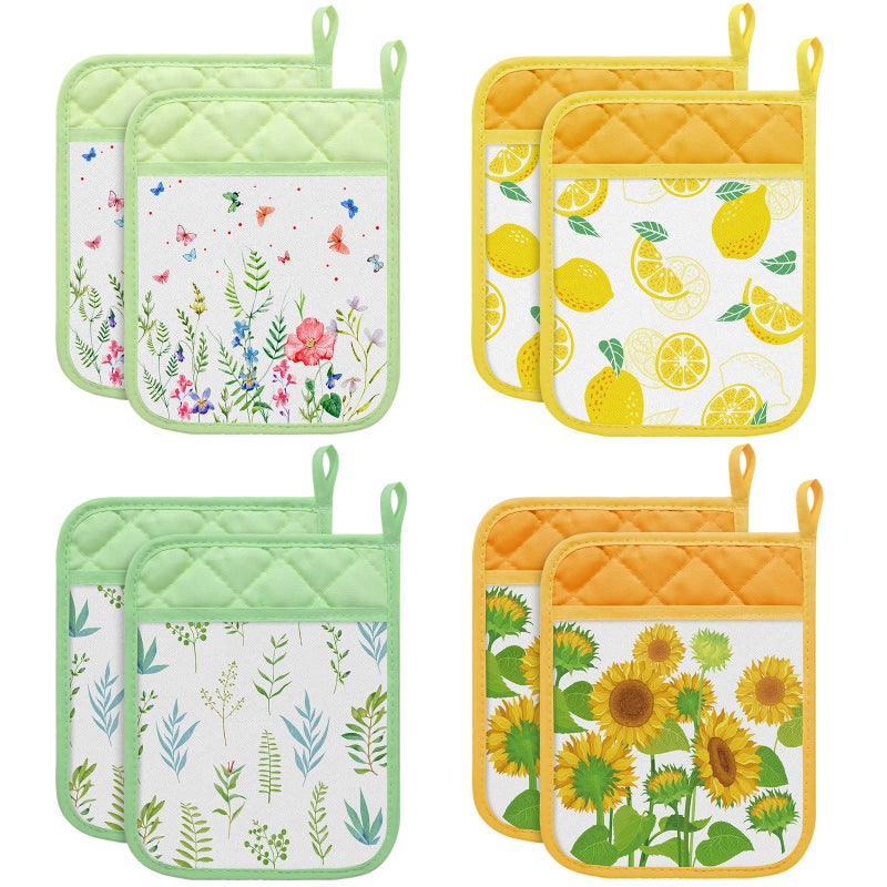 8 Designer Pot Holders Heat Resistant Lemon Flowers Sunflower Patterns with Pockets and Loops Perfect for Kitchen Oven and Restaurant Use