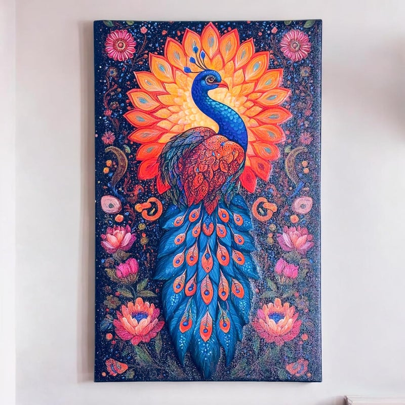 Maefele 3D Embossed Traditional IndianWall Painting and Wall ArtRegal Peacock Home decoration 11x17 inches with frame without border - Image 1