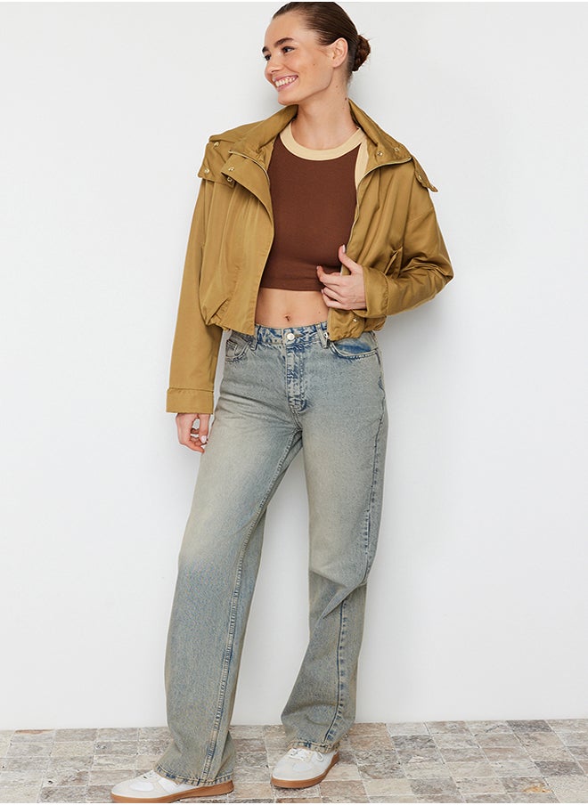 trendyol - Beige Oversize Crop Sleeve Curling Detailed Thin Raincoat Windbreaker Coat TWOSS24MO00020 - Image 1