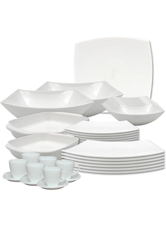 Melrich 34-Piece Opalware Dinner Set With 6X 29 Cm Dinner Plate, 6X24 Cm Desert Plate, 6X 15 Cm Bowl, 1X 25 Cm Serving Bowl, 6 X 6 Cup & Saucer, 1 X 36 Cm Dinner Plate, 1X 28 Cm Grill Tray, 1 X 25 Cm Grill Tray, Serves 6, White  - Image 1