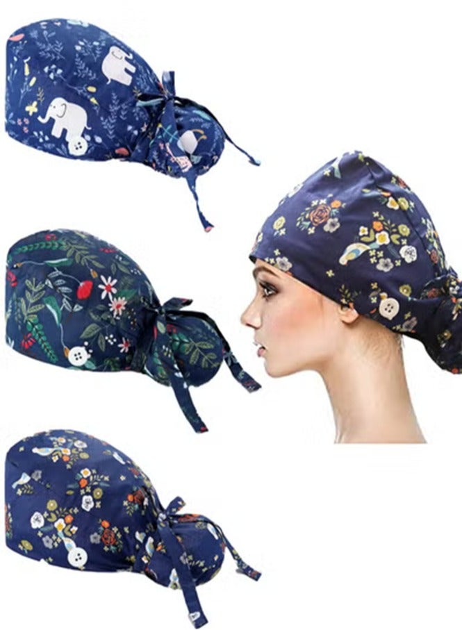 Pack of 3 Surgical Caps for Female and Male  Cotton Nursing Cap Working Cap Adjustable Cotton Working Hats Sweatband Cotton Ponytail Holder Long Hair Head Covers Hair Caps Nurse Hat with Buttons - Image 1