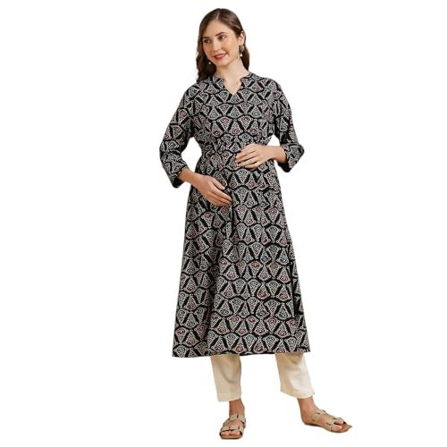 MomToBe Wome's Cotton Anarkali Maternity Kurti/Pregnancy Dress/Easy Breastfeeding Kurta with Zippers/Maternity Dress with Zippers for Nursing Pre and Post Pregnancy (Ink Black ; M) - Image 1