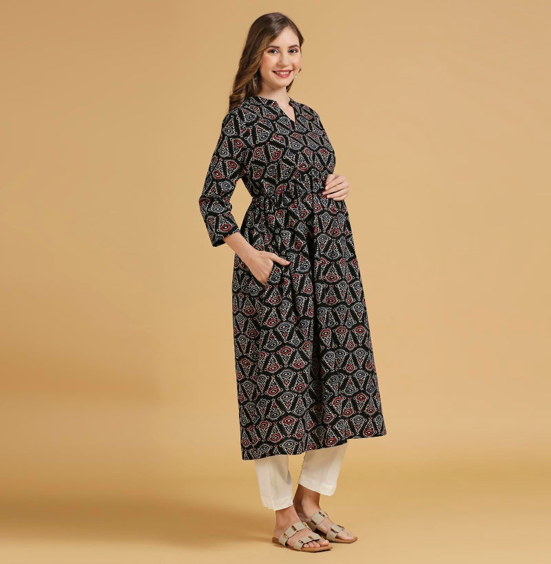 MomToBe Wome's Cotton Anarkali Maternity Kurti/Pregnancy Dress/Easy Breastfeeding Kurta with Zippers/Maternity Dress with Zippers for Nursing Pre and Post Pregnancy (Ink Black ; M) - Image 3