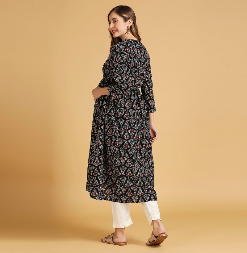 MomToBe Wome's Cotton Anarkali Maternity Kurti/Pregnancy Dress/Easy Breastfeeding Kurta with Zippers/Maternity Dress with Zippers for Nursing Pre and Post Pregnancy (Ink Black ; M) - Image 4
