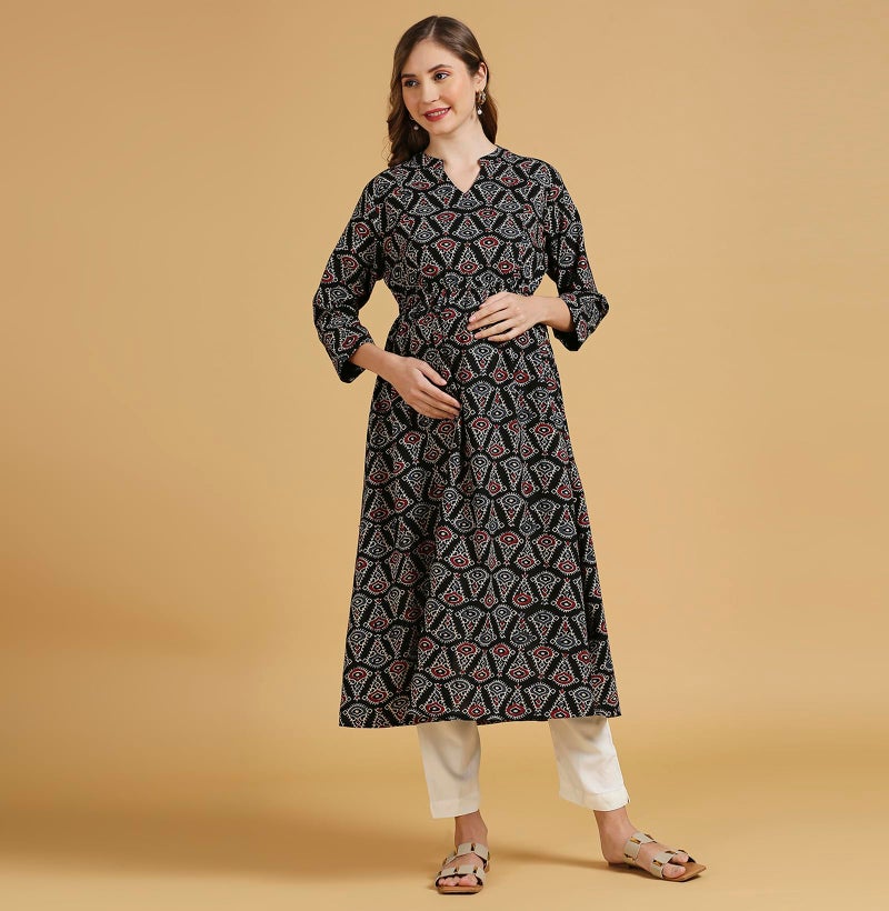 MomToBe Wome's Cotton Anarkali Maternity Kurti/Pregnancy Dress/Easy Breastfeeding Kurta with Zippers/Maternity Dress with Zippers for Nursing Pre and Post Pregnancy (Ink Black ; M) - Image 2